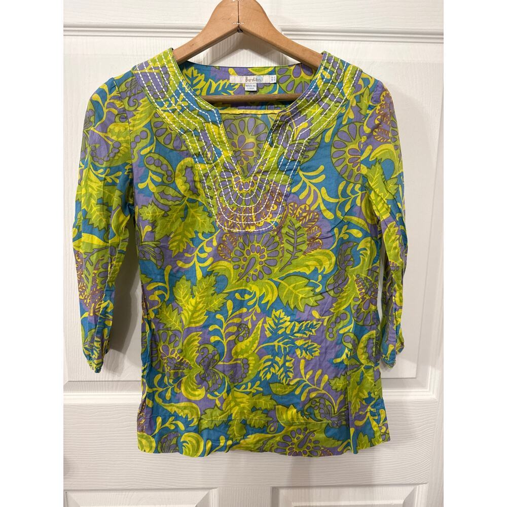 Boden Vivid Hawaiian Mod Floral Split Neck 3/4 Sleeve Tunic Blouse Top,SZ US 4